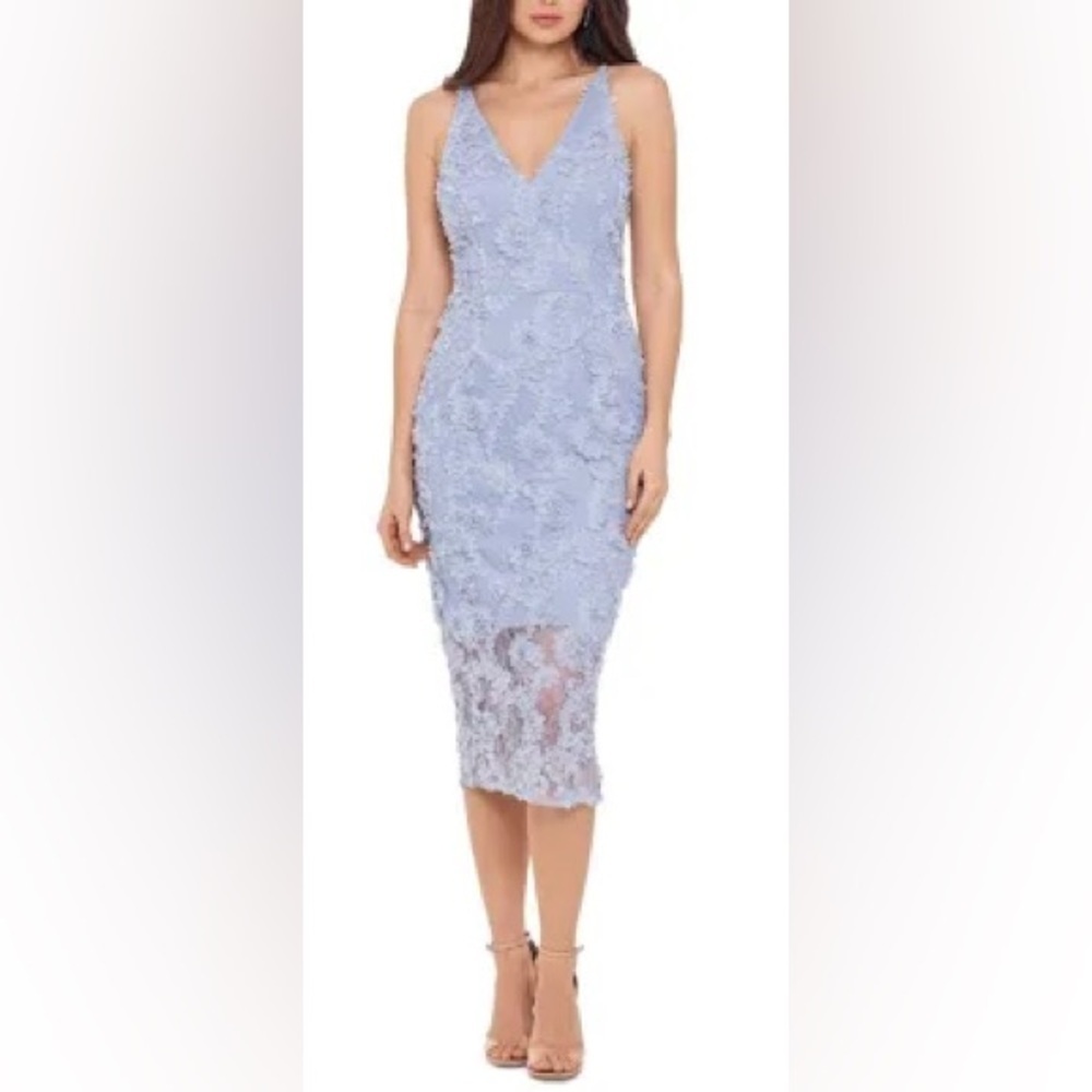 XSCAPE Womens Gray Zippered Lace Lined Sleeveless V Neck Midi Party Sheath Dress